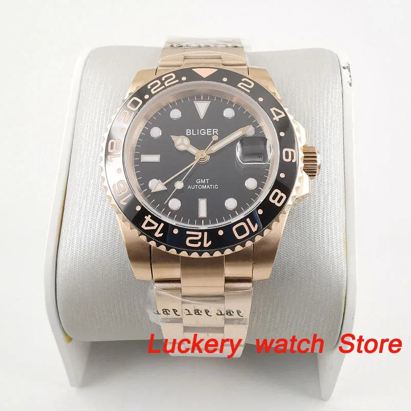 40 мм bliger GMT мужские роскошные часы Розовый золотой чехол светящийся стеклянный