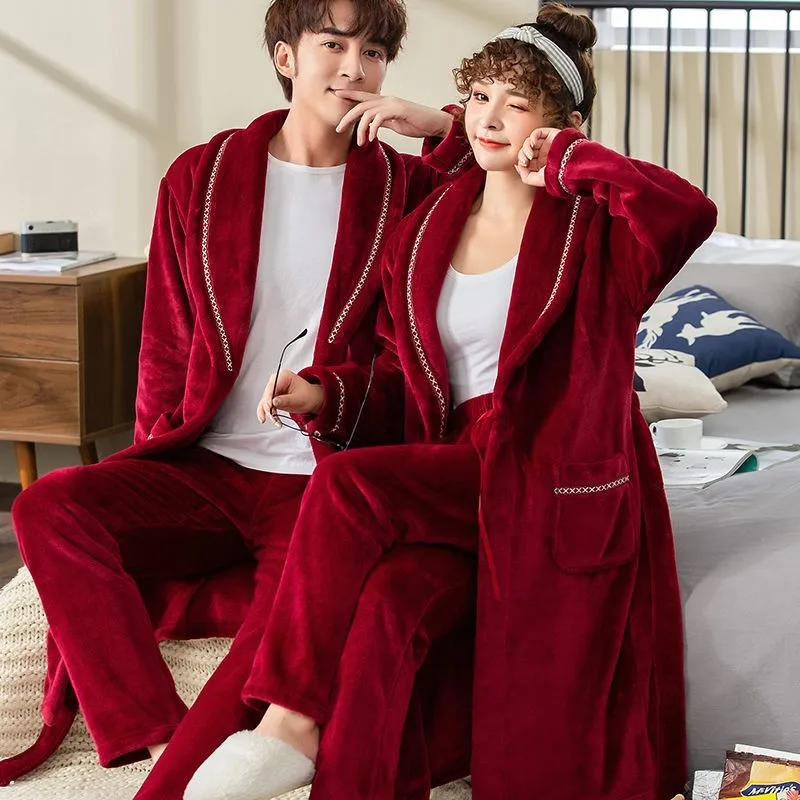Фланелевый костюм халат для влюбленных зимний теплый Свадебный и штаны комплект