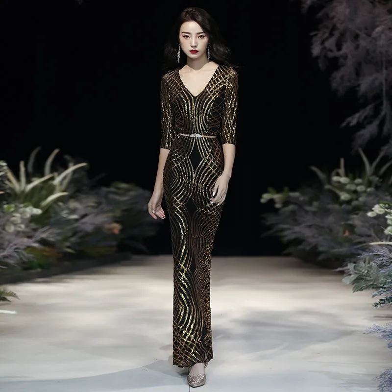 

VESHJA DASMES 2021 New Long Evening Dress Temperament V Neck Half Sleeve Sequins Shining Plus Size Custom Made Robe De Soiree