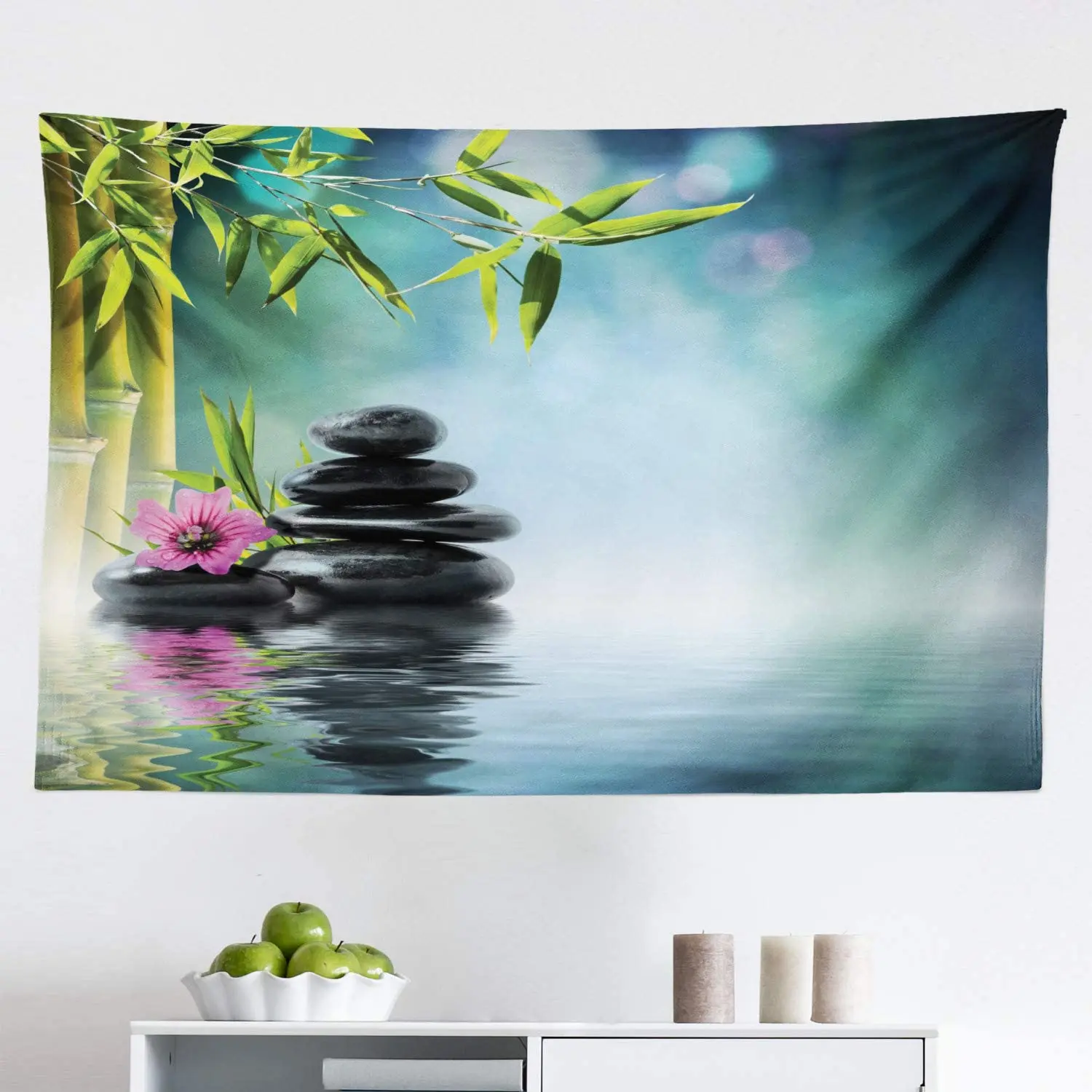 

Гобелен, башня, камень и гибискус с бамбуком на водном фоне, тканевый Настенный декор для спальни, синий, черный