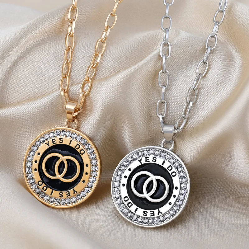 

New Fashion Korean Circle Letters Sweater Chain Necklace Long Pendant Crystal Necklaces Accessories Yes I Do Charm Jewelry