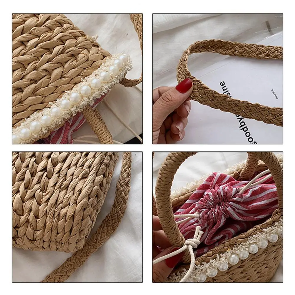 Женская сумка ведро богемный Модный с жемчугом ручной работы Соломенная