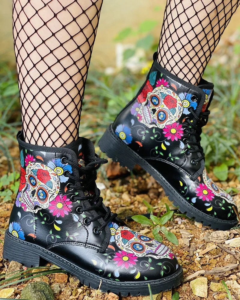 

Женские ботинки в британском стиле, высокие ботинки с высоким берцем и принтом черепа и цветов, Осень-зима 2022