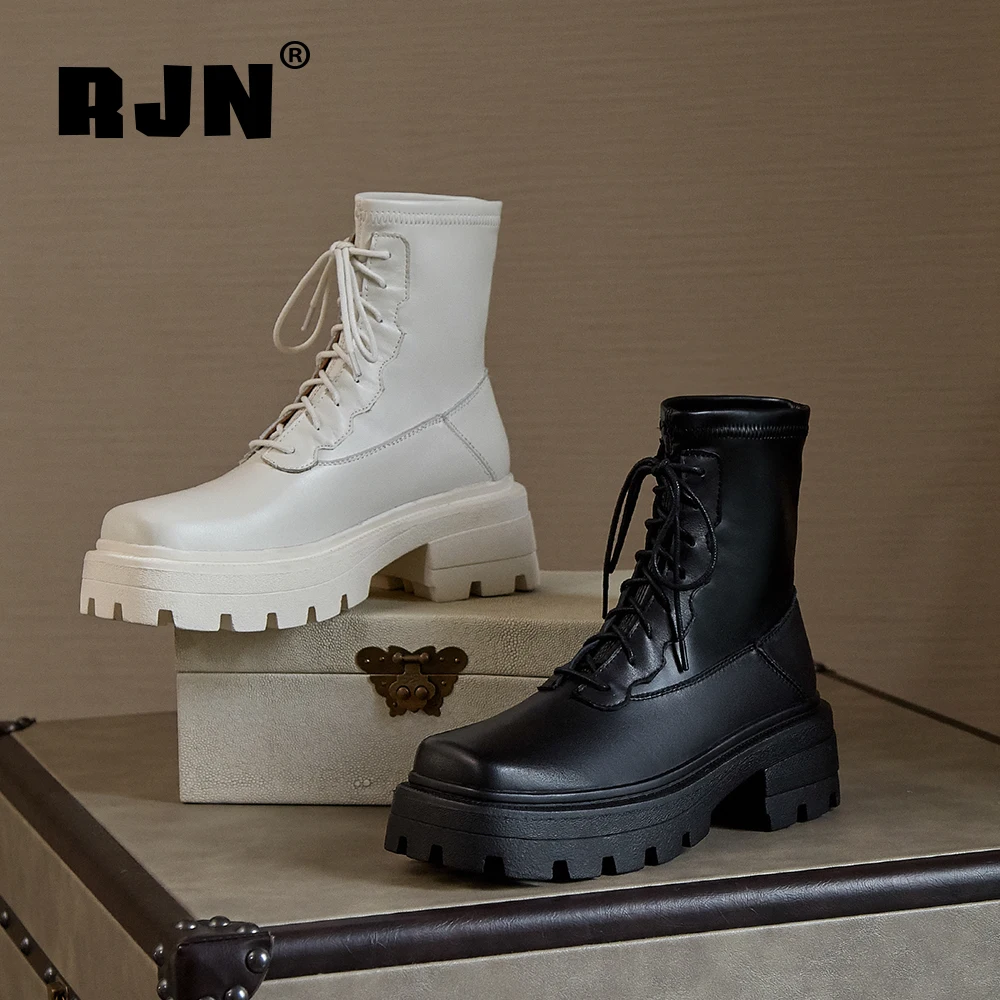 Beli RJN Gaya Baru Musim Gugur Sepatu Bot Unik Square Toe Kulit Sapi Berkualitas Tinggi Lace-Up Wanita Sepatu Platform Boots RO321