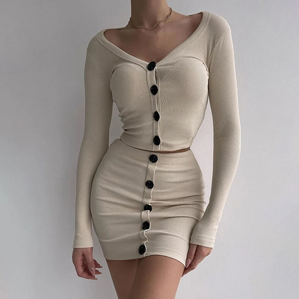 

Ribbed Crop Top and Skirt Sets Women 2 Pieces Long Sleeve Suit Buttons Patchwork V Neck Elegant 2022 Spring Autumn Outfit