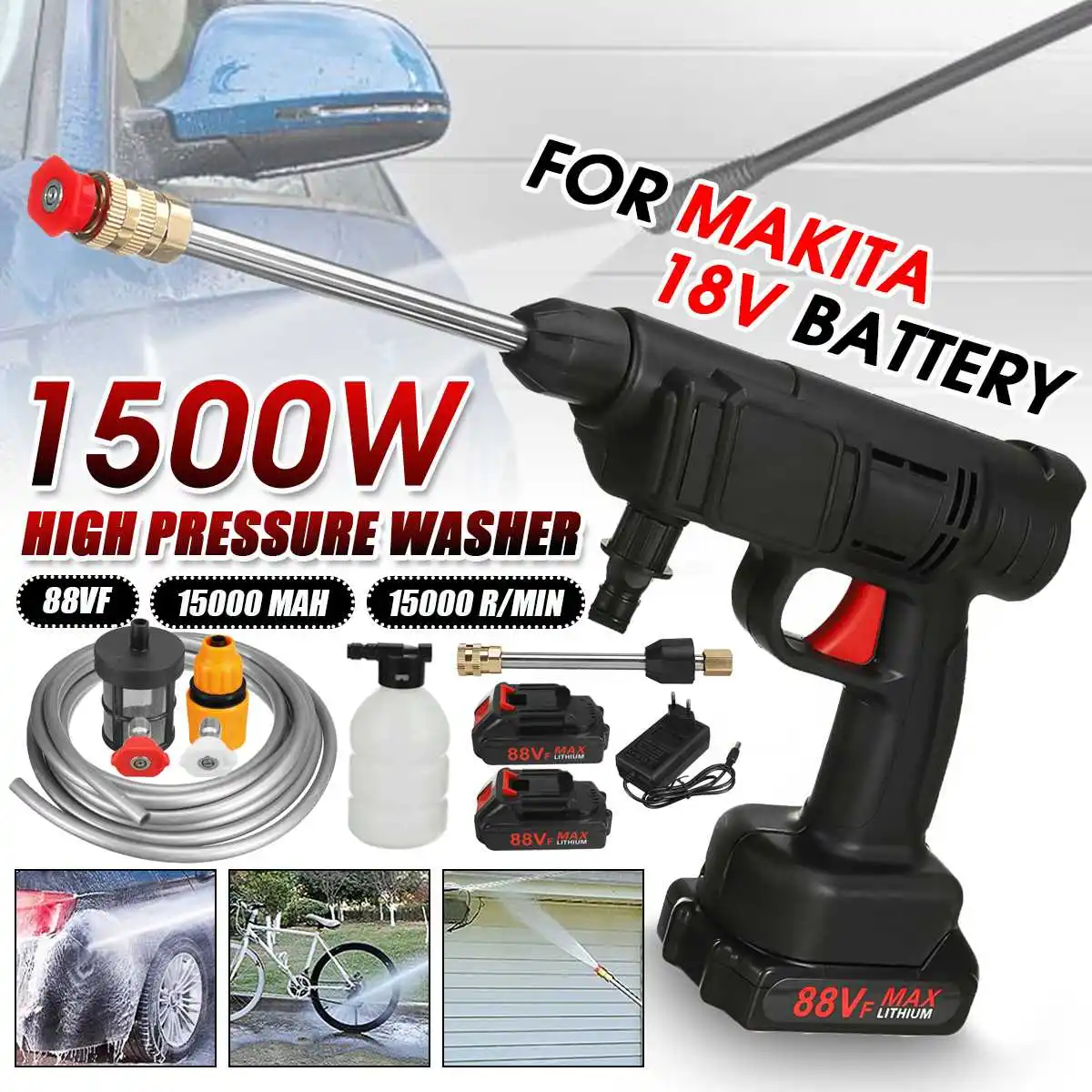 88V 1500W inalámbrico de alta coche de presión arandela coche recargable lavado pistola de agua de juguete máquina de espuma para Makita batería de 18V