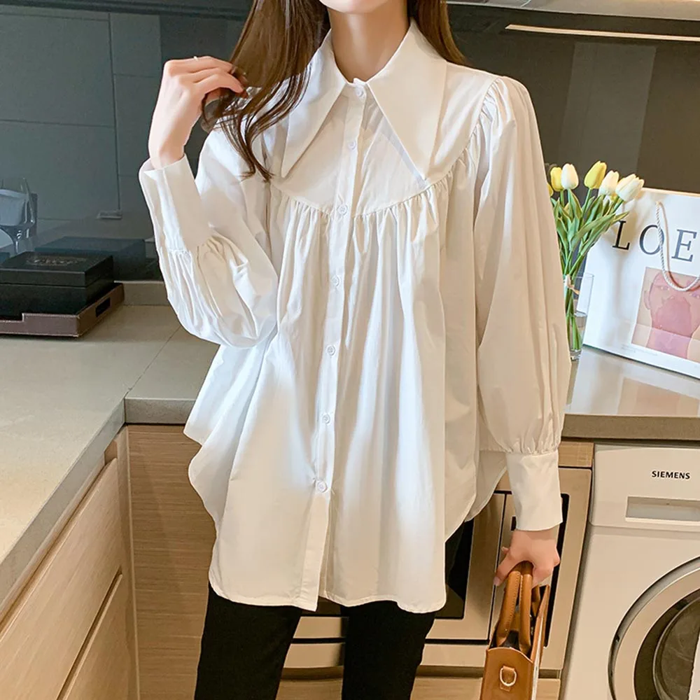

2021 Lantern Sleeve Women's Shirt Korean Style 2021 Fashion Office Top Blouse Women Peter Pan Collar White Clothes Female
