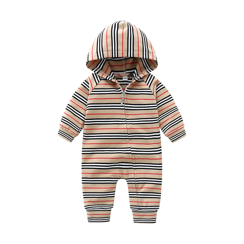 

New arrival Spring and autumn Fashion brand style newborn baby clothes baby boys and girls long-sleeved striped hooded jumpsuit
