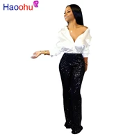 haoohu new autumn women high waist sequins splicing straight pants fashion active wear elegant sequined long trousers 2color