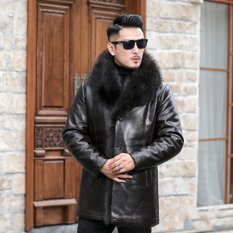 Мужская зимняя куртка из натуральной кожи с шерстяной подкладкой и воротником