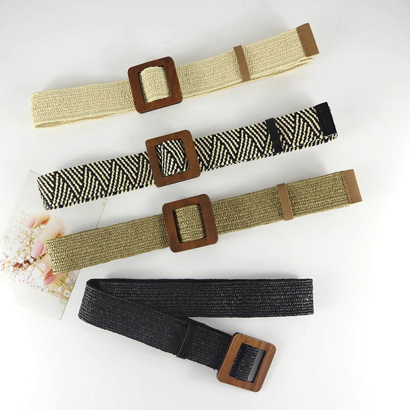 Belt pastoral style 4cm women's fashion belt waist decoration elastic band free size square buckle wooden PP straw material