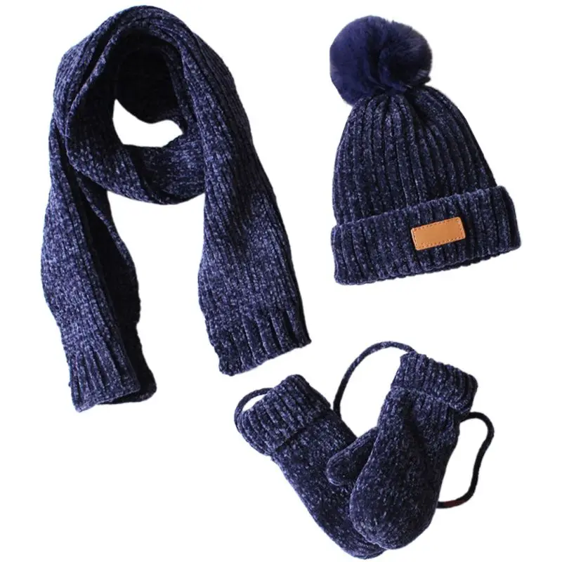 

3 In 1 Toddler Kids Winter Ribbed Knit Warm Pompom Beanie Hat Scarf Gloves Set