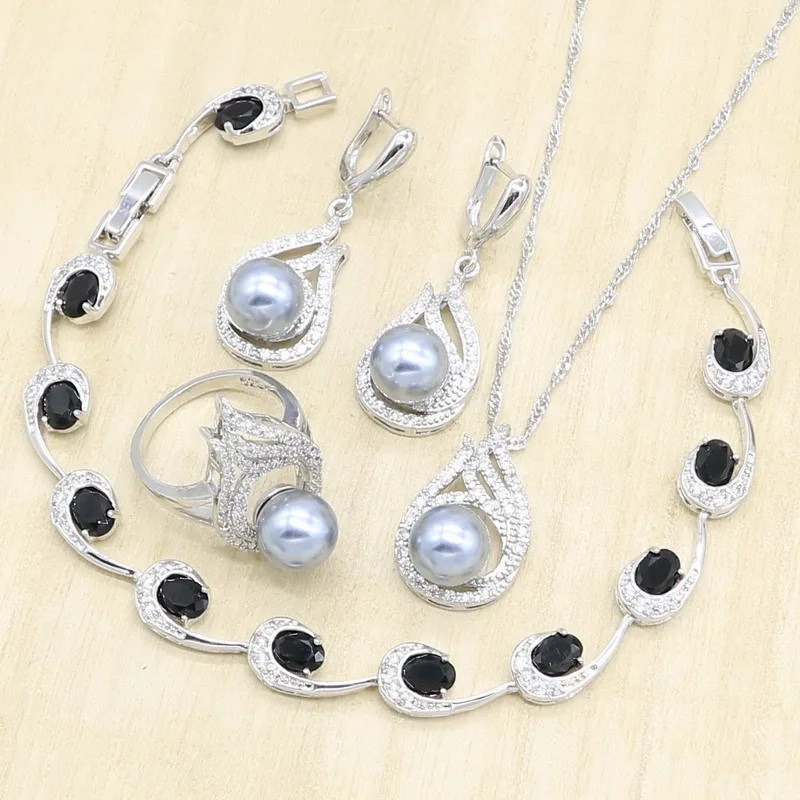 Женский серебряный ювелирный набор серое ожерелье из пресноводного жемчуга