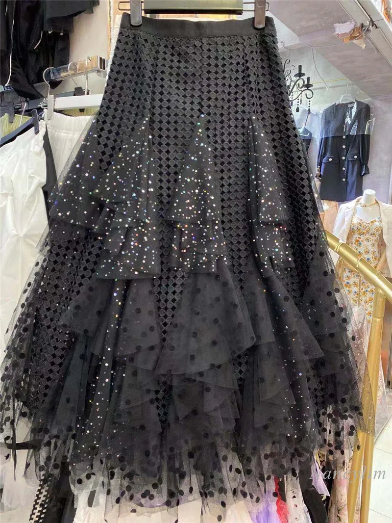 

Summer Skirt Women New Slim-Fit Polka Dot Sequined Mesh Stitching Lace Irregular Layers A- Line Cake Skirts Jupe Longue Femme