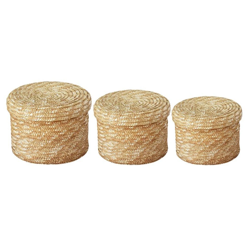 

3Pcs Handmade Straw Rattan Woven Storage Basket Toy Snack Sundry Holder with Lid Storage Baskets