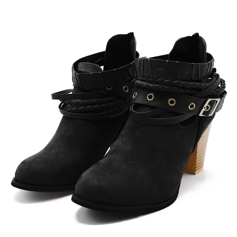 

2021 New Women Boots Spring Autumn High Heels Shoes Female Rivet Buckle Daily Shoes Short Boots PU Leather Ankle Boots