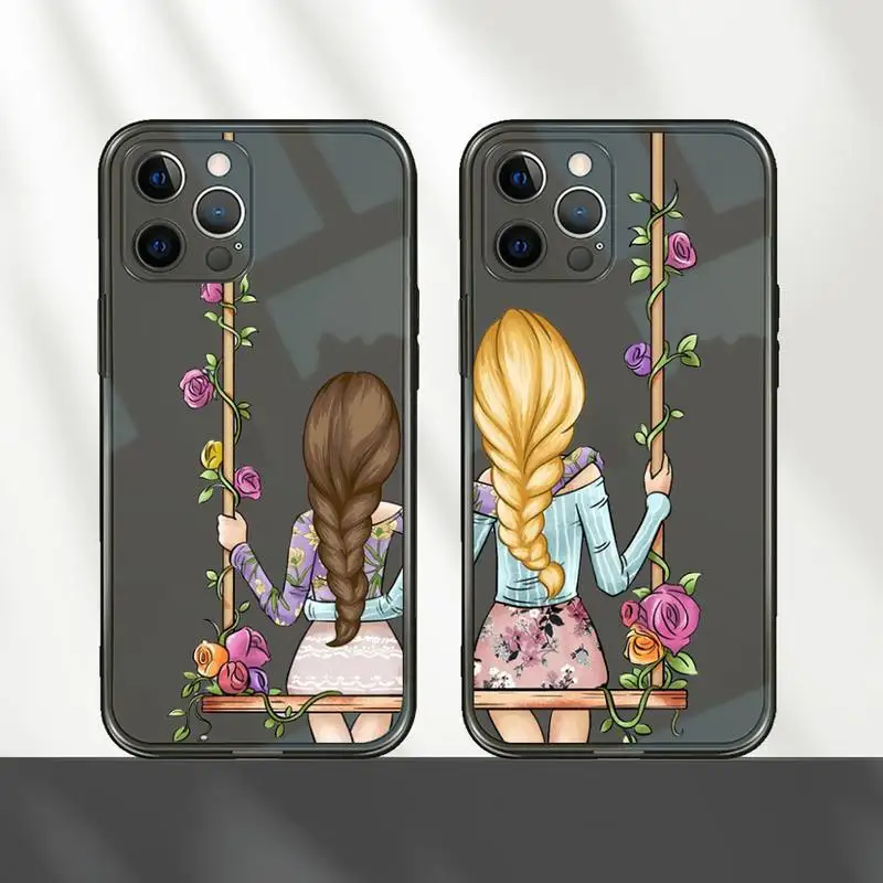 

Girls Bff Best Friends Forever Phone Case For iPhone 7 8 11 12 X XS XR MINI Pro Max Plus Retro Black Grey clear transparent