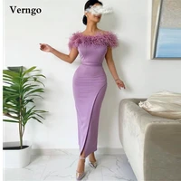 verngo white lilac strecth satin feathers evening dresses 2022 boat neck sheath slit ankle length prom gowns elegant party dress