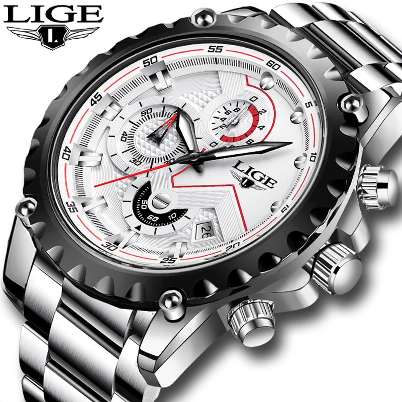 

LIGE 2020 Fashion Silver Mens Watch Top Brand Luxury Full Steel 30M Waterproof Watch Men Quartz Clock Business Watch Chronograph