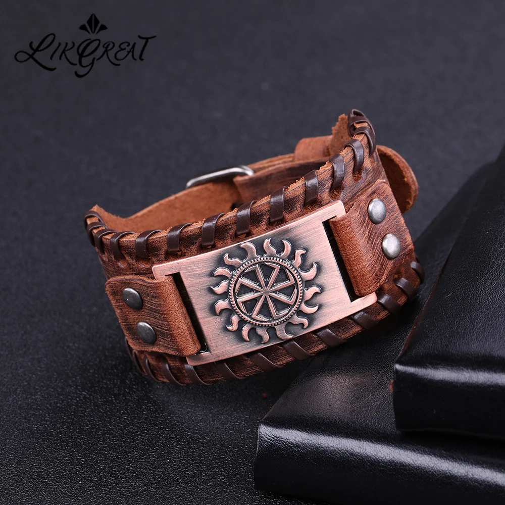 Широкий Кожаный Браслет манжета LIKGREAT готический славянский Шарм браслет Sigil of