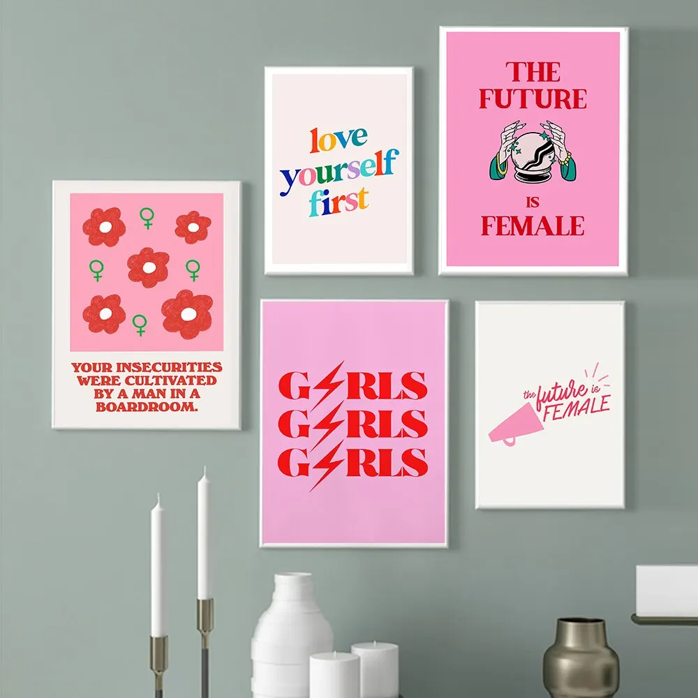 

Girl inspirational love picture wall art posters and printing retro feminism canvas painting aesthetics pink living room home de