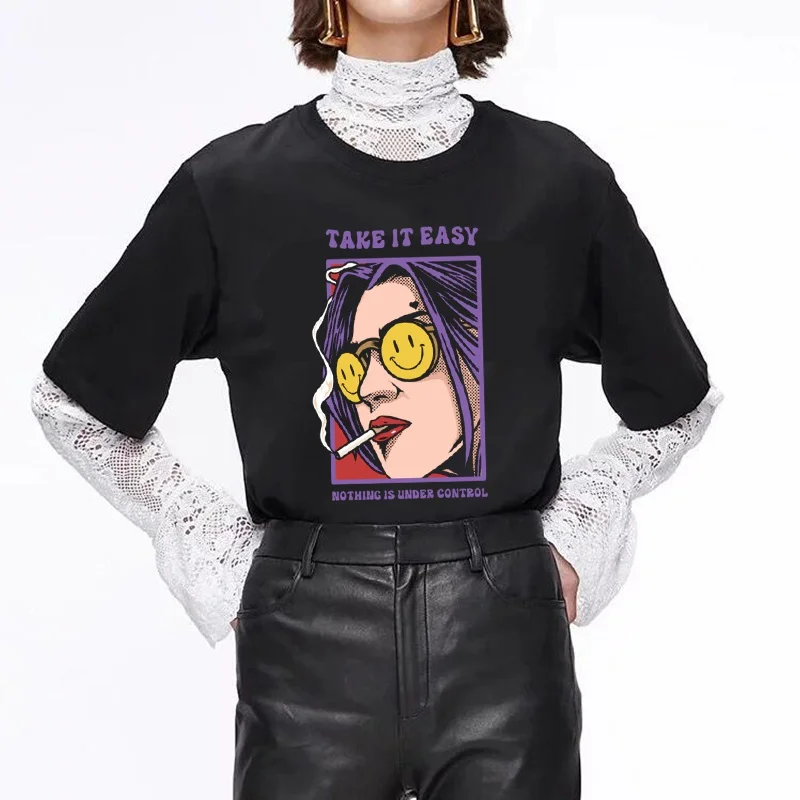 

VIP HJN Take It Easy Nothing Is Under Control Cartoon Printed T Shirt Women Short Sleeve Cotton Fashion Tee Tops
