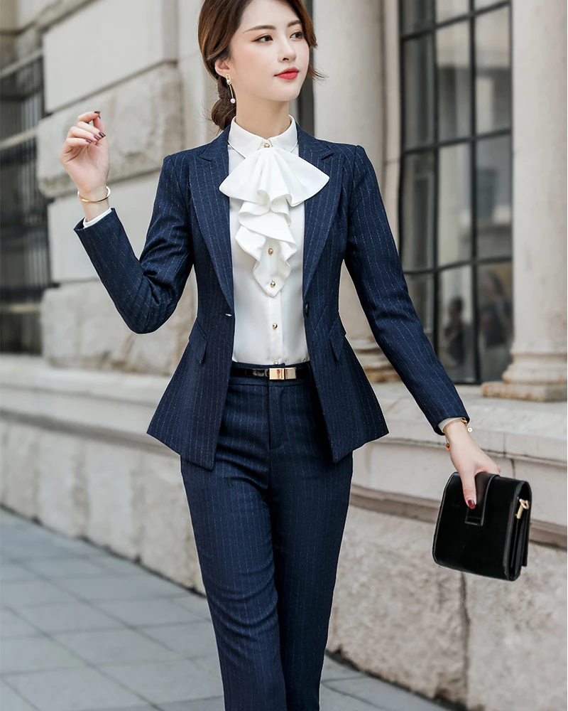 Women's Suits & Blazers Women Formal Pants Suit For Work Fashion Stripe Blazer Jacket Two Piece Set  Office Lady