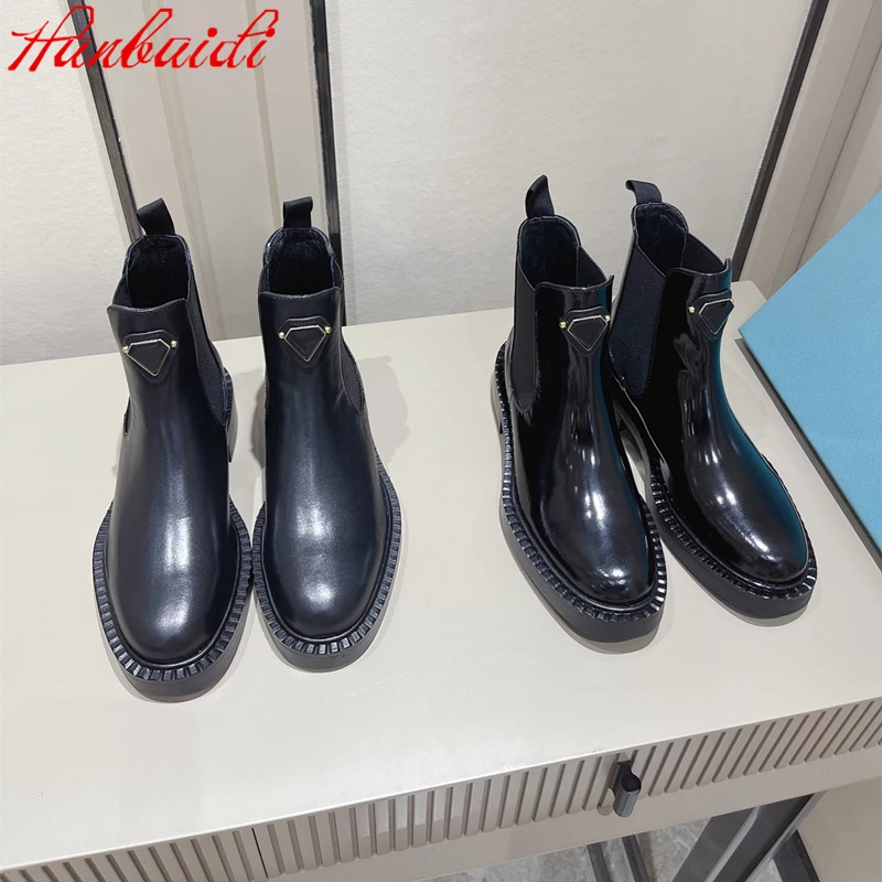 

Short Boots Women Genuine Leather Autumn Winter New Punk Platform Chelsea Boots Slip-on Round Toe Designer Shoes Botas De Mujer