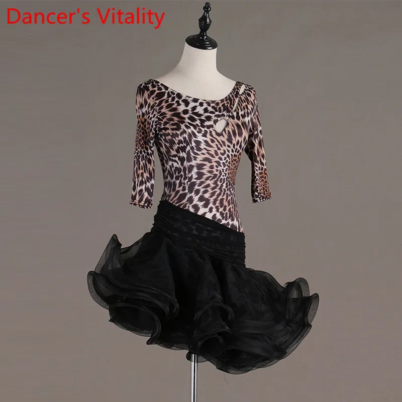 2021 New Adult Latin Dance Half Sleeves Leopard Clothes Women Performance Costume Tango Samba Cha Dancing Wear Oufits | Тематическая