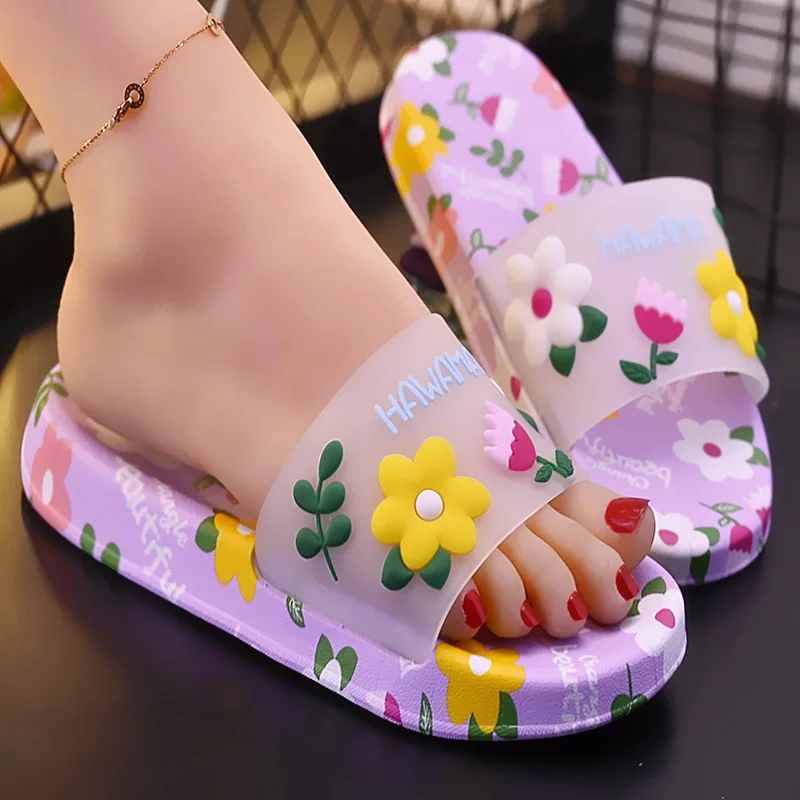 2021 Summer The New Outside Flower Lovely Slippers Women Flat with Slippers Low 1cm-3cm Casual Thick bottom High Quality Slides