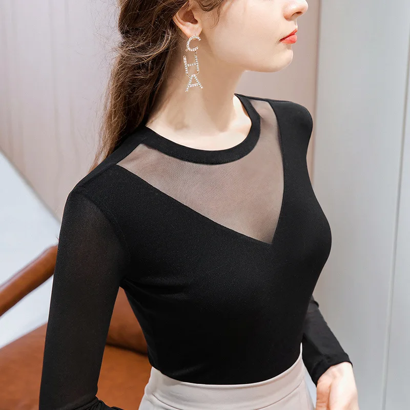 

Basic sexy black tights with V-neck stitched long sleeve T-shirt
