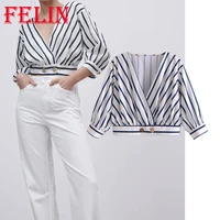 felin za striped print office lady blouse deep v neck sexy cropped tops mujer summer fashion 2021 button elegant mujer blusas