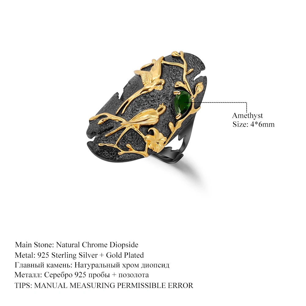 

GEM'S BALLET 925 Sterling Silver Handmade Golden Love Bird Art Ring Jewelry Nature Chrome Diopside Adjustable Rings for Women