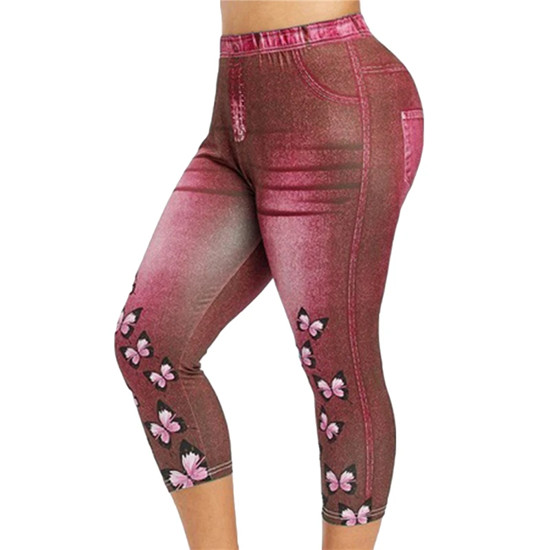 

Imitation Denim Leggings Woman Stretch Butterfly Printed Short Leggins Pants Summer Breeches High Waist Perfect Fit Jeggings