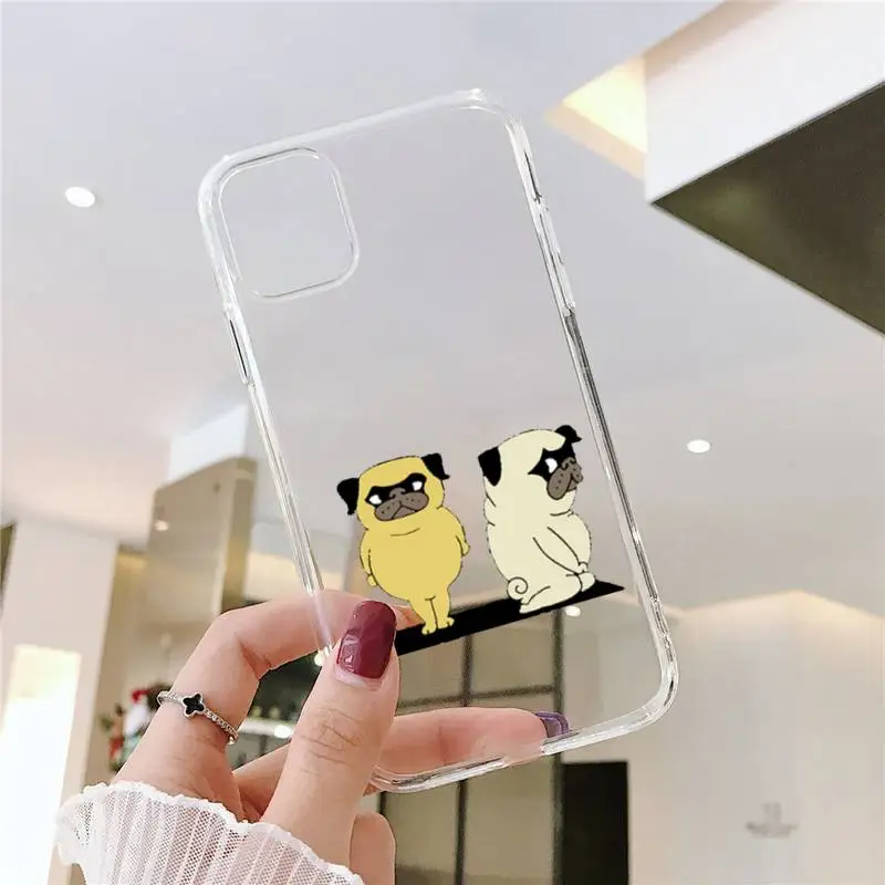 

Cute Cartoon Pug Animal Yoga fashion Phone Cases Transparent for iPhone 6 7 8 11 12 s mini pro X XS XR MAX Plus SE cover funda