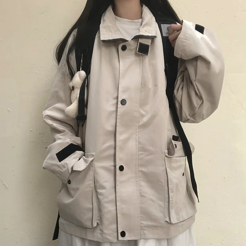 

Spring Japanese women's casual punk streetwear jacket loose pockets long-sleeved hooded big size fashion Vintage Harajuku jacket