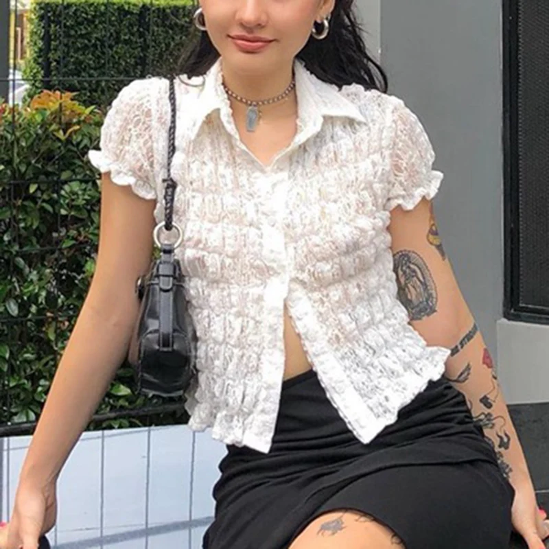 Женские летние кружевные футболки с воротником поло складные Пузырьковые