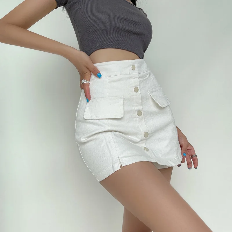 

TVVOVVIN American Sexy Skinny Hip Button Mini Skirt High Waist Slim Denim Skirts Womens Pocket Korean Skorts Women GK90