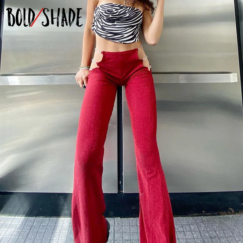 

Bold Shade Solid Hollow Waist Trousers Urban Streetwear Y2K Women Summer Pants High Waist Skinny Indie Grunge Boot Cut Pants Hot
