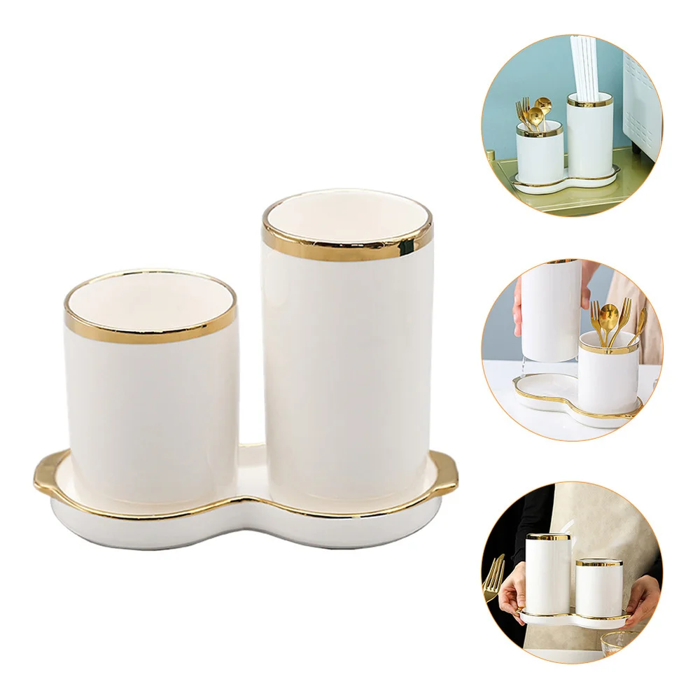

1 Set Chopsticks Draining Rack Ceramic Chopsticks Forks Storage Holder (White)