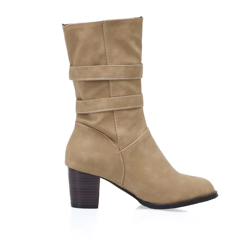 Rimocy Purple Warm Short Plush Mid Calf Boots Women Vintage Buckle Chunky Heels Pu Botas Mujer Plus Size Slip-on Shoes Woman