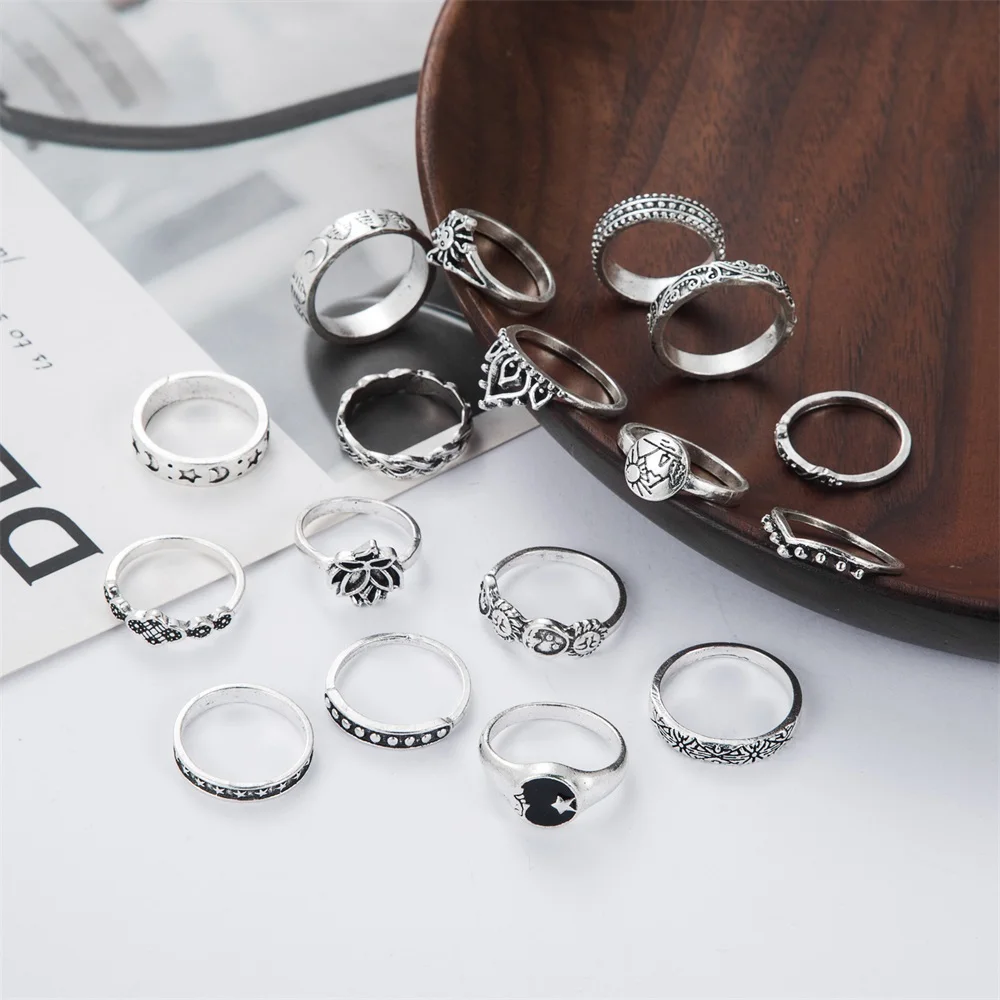 17 шт. Винтажные черные кольца-цепочки с драгоценными камнями в стиле панк набор