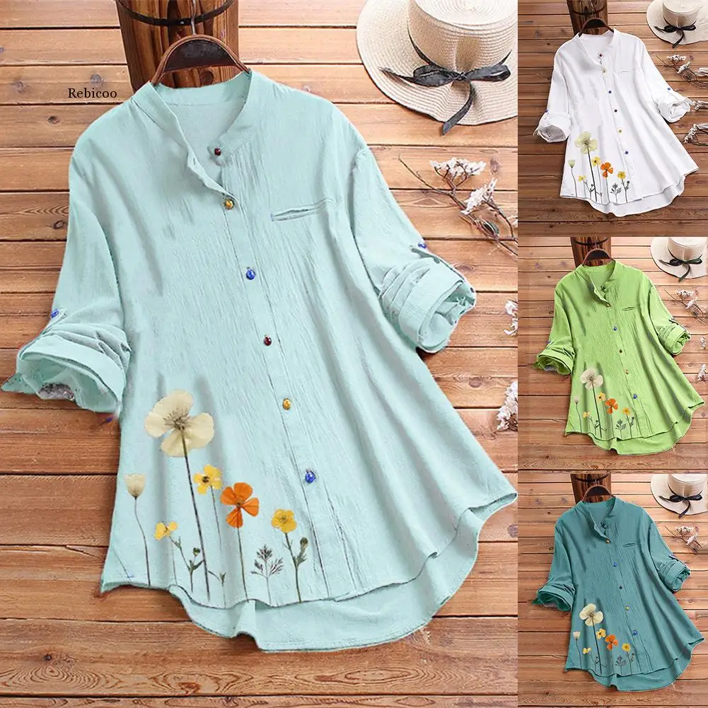 

Женские блузки плиссированные Цветочный принт с длинным рукавом Повседневное блузка Повседневное со стоячим воротником Цветочный принт ц...