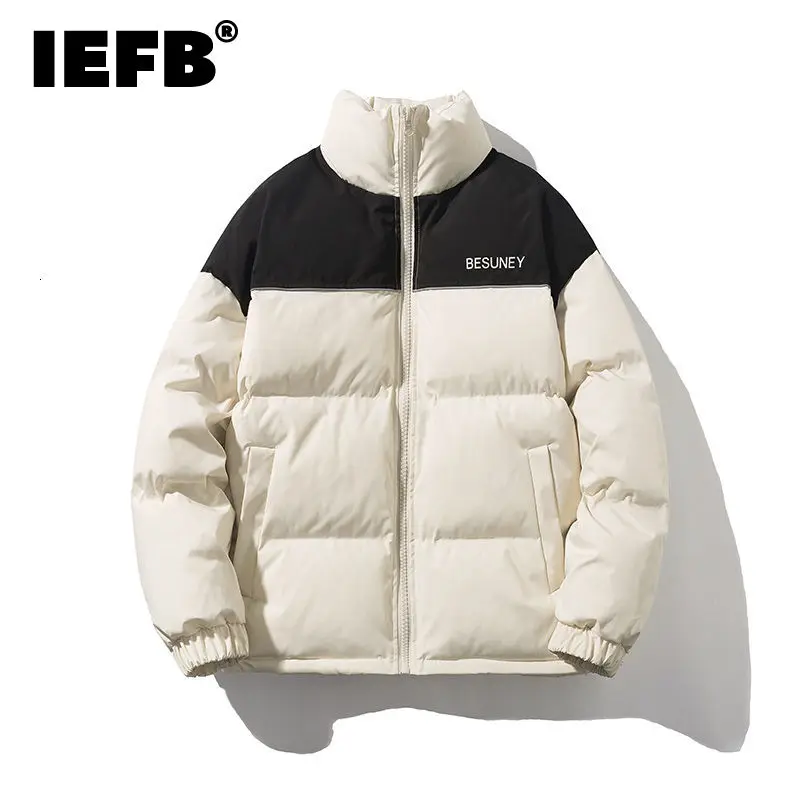 

IEFB Menswear Fashion Contrast Reflective Padded Jacket New Loose Stand Neck Zipper Thickened Oversize Winter Cotton Coat 2021