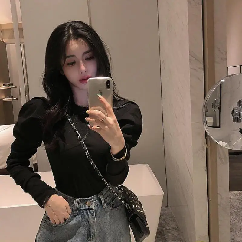 Женский винтажный топ с длинными рукавами-фонариками блузка в Корейском стиле