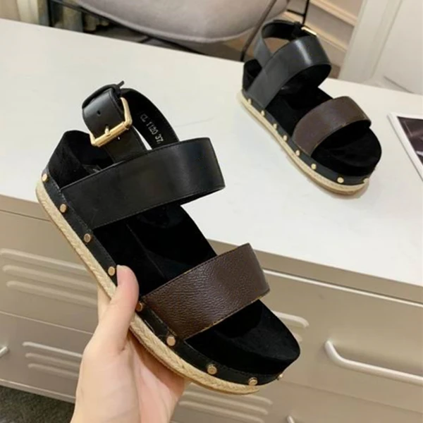 

1854 French luxury high quality summer women's Platform shoes belt buckle Thick heel fashion personality weave With Box