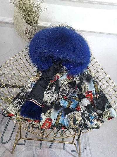 Gear Royal Blue Детская зимняя куртка с отделкой из меха, пальто для мальчиков и девочек утепленное пальто из меха кролика с граффити, Детская меховая куртка для девочек, TZ147 - Цвет: Gear Royal Blue