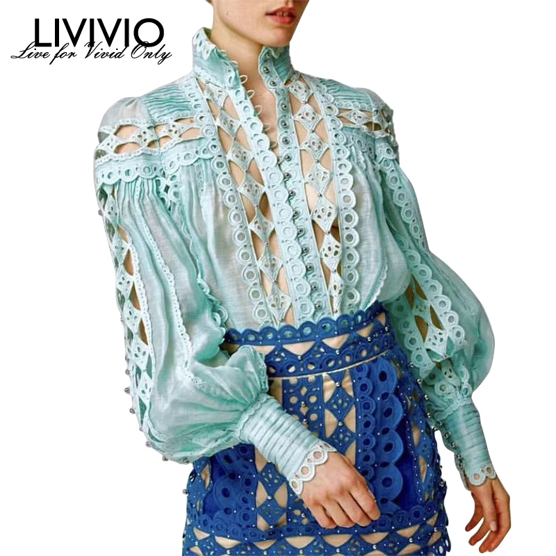 [LIVIVIO] пикантные Бисер женская блузка, пэчворк с воротником-стойкой и Фонари рукавами и отверстиями на верхнем слое рубашка Женская мода лето