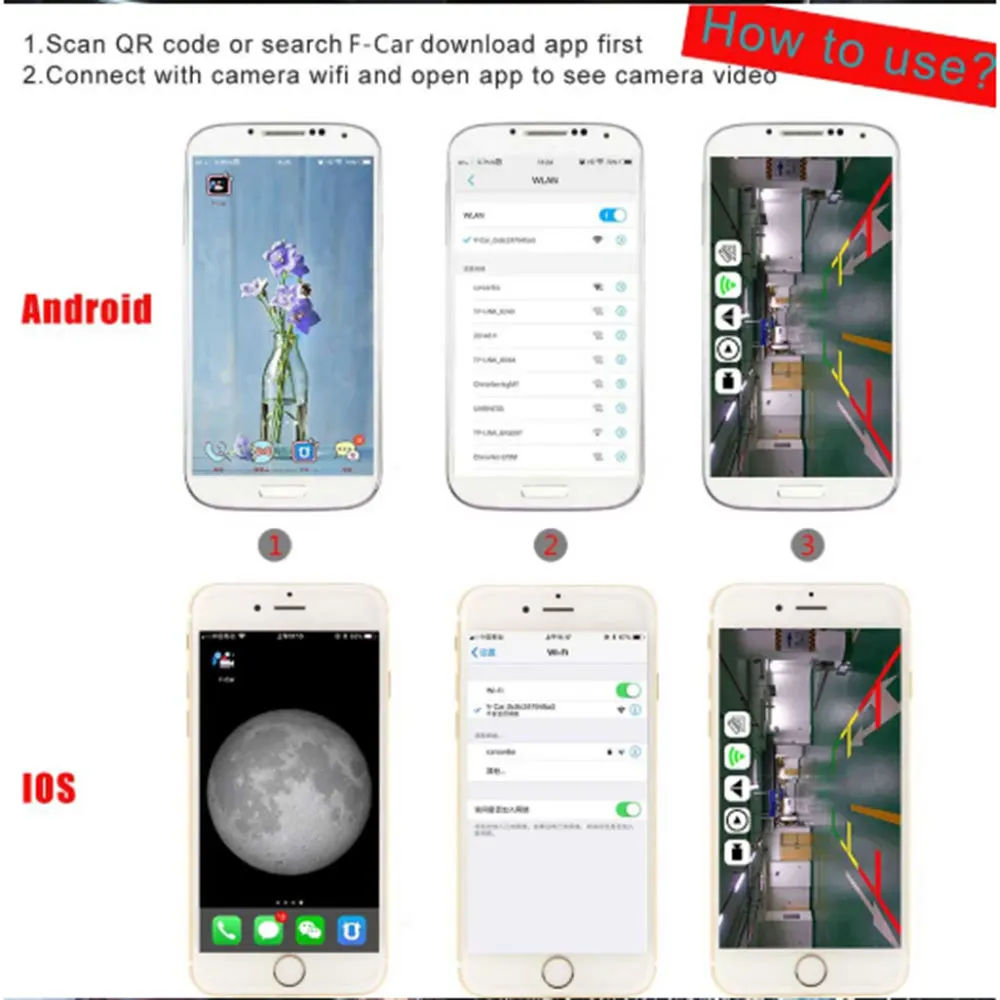 구매 무선 자동차 후방 카메라, 1280x720P, 백업 대시 캠, HD, 와이파이, 전면 뷰 카메라, 비디오 녹화 반전