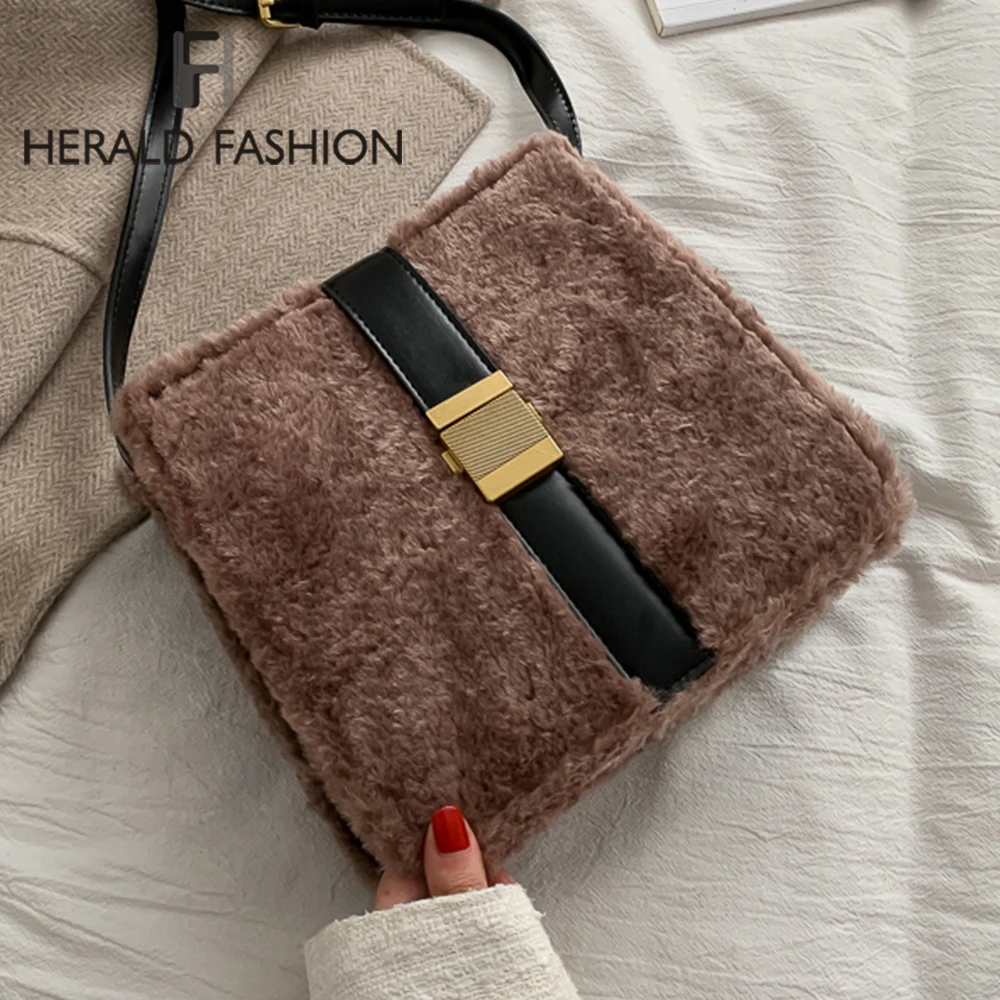 Зимняя женская сумка на плечо с клапаном из искусственного меха теплая Модная